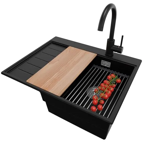 PRIMAGRAN Granitspüle Schwarz 62x50cm, Spülbecken 1 Becken + Küchenarmatur 32x20cm + Zuberhor-Set, Küchenspüle ab 40er Unterschrank - Sydney S430