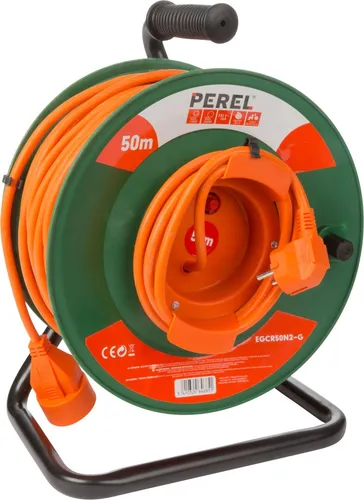 Perel Kabeltrommel 50m mit Überhitzungsschutz - Kabeltrommel für Innenbereich, 50 m Kabellänge, mit ergonomischem Tragegriff und Überhitzungsschutz für maximale Sicherheit und Komfort.