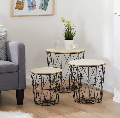 Beistelltische 3er Set Industriedesign Metall mit Holztischplatten