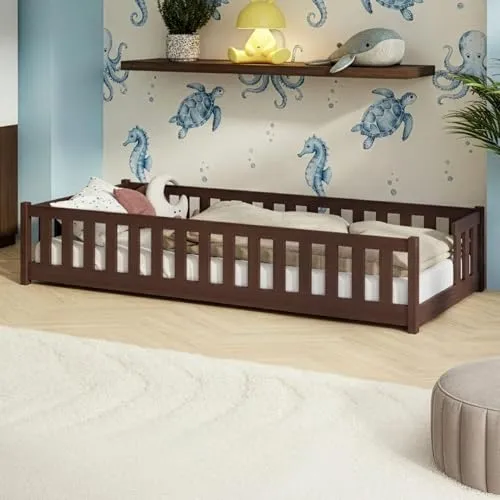 Kids Collective Kinderbett Bodenbett mit Rausfallschutz & Lattenrost Montessori Bett Bed Gitterbett Kinder Jugendbett Einzelbett | 80x180 cm | Zartbitterschokolade