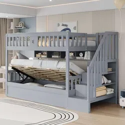 Merax Etagenbett 90x200cm mit hydraulischem Unterbett - Etagenbett für Kinder, bietet cleveren Stauraum und Sicherheit mit hydraulischem Unterbett, integrierten Regalen und einer funktionalen Treppe.