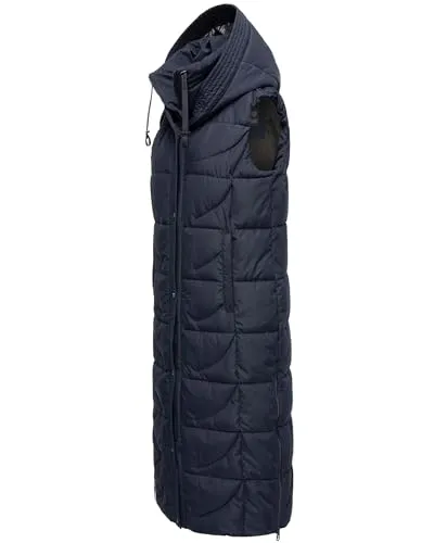 Navahoo Damen Winterjacke Steppweste extralang mit Kapuze Brezelchen Navy Gr. XS - Funktionsjacken: Extralange, ärmellose Weste mit warmer Wattierung, perfekt für kalte Tage und vielseitig kombinierbar.