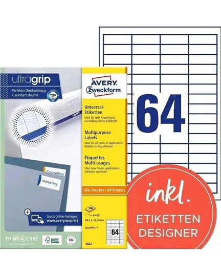 Zweckform 3667 Avery Etiketten 48.5 x 16.9mm - Universaletiketten in Weiß, selbstklebend und bedruckbar, ideal für Kopierer und Drucker. Enthält 6400 Stück auf 100 Bögen, umweltfreundlich und Made in Germany.