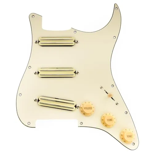 Musiclily Pro-SE ST-DPHC SSS Vorverdrahtetes Schlagbrett Pre-Wired Pickguard mit Keramik Mini Rail Humbucker für Strat Style E-Gitarre, 3-lagig Creme