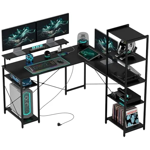 Homcom Gaming-Tisch – Eckschreibtisch mit Ladestation - Computermöbel mit Stauraum und ergonomischem Monitorständer, ideal für Homeoffice oder Büro. Spart Platz und bietet USB-Anschlüsse für Geräte.
