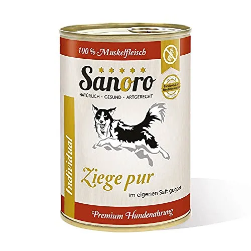Sanoro Ziege pur, 100% Muskelfleisch von der Ziege, salzfrei - Premium-Hundefutter - singleprotein, hypoallergen - für Ausschlußdiäten geeignet (12 x 400g)