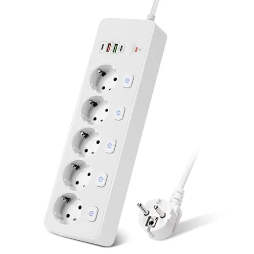Fach Mehrfachsteckdose mit Einzeln Schalter, PD20W Mehrfachstecker für Steckdose, 2M Kabel Steckdosenleiste mit 2 USB-A & 2 USB-C, Kindersicherung, Wandmontage, 3000W, 13A, 250V, Weiß 5