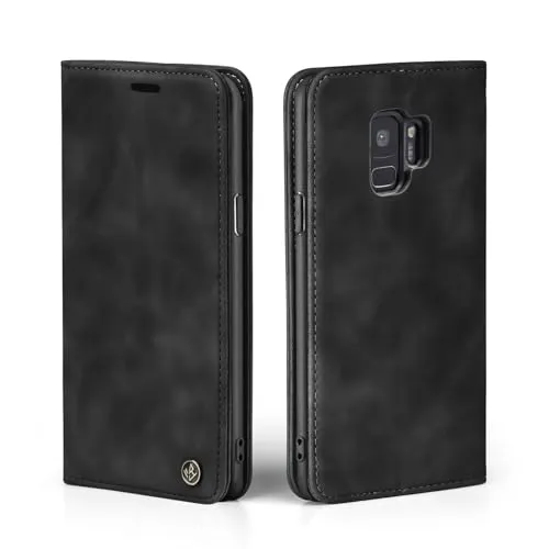 LBH Handyhülle für Samsung Galaxy S9 in Schwarz mit Karten- und Geldfach Smartphone Hülle mit Standfunktion Flip Case Schutzhülle Magnetverschluss Vintage