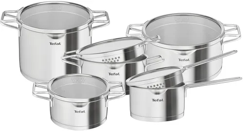 TEFAL Nordica H852SA55 10-teiliges Stahl-Topfset - Hochwertiges 18/10 Edelstahl Kochtopfset mit dicken Induktionsboden und patentierten Doppelstahlgriffen, ideal für alle Herdarten und spülmaschinenfest.