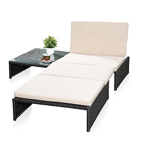 Melko vielseitiges Gartenmöbel-Set – Sonnenliege, Sitzbank oder Zwei Stühle mit Rückenlehne, mit Tisch aus Polyrattan, Gartenliege robust und wetterfest, Schwarz
