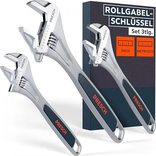 PRESCH Rollgabelschlüssel Set - 200mm, 250mm & 300mm - Lasergravierte Skalen 30mm-40mm (metrisch & inch) - Hochpräzise gefräst für besten Halt - Robuste, verstellbare Schraubenschlüssel
