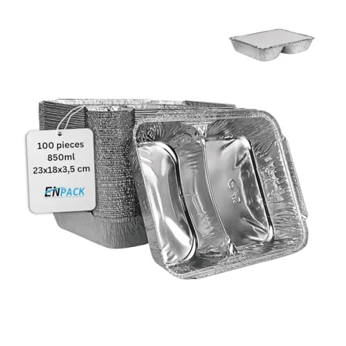 Enpack Aluschale R808-1020L - 100 Stück Aluschalen mit Einlegedeckel 1020ml - Zweigeteilte Menüschale 23x18x3,9 cm - Grillschalen - Einwegverpackungen - alubehälter für Pasta/Nudeln - Aluminiumschale