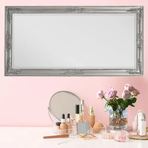 LEBENSwohnART Wandspiegel BESSA Silber antik 100x50cm barock Design Spiegel pompös Holzrahmen Schminkspiegel Frisierspiegel