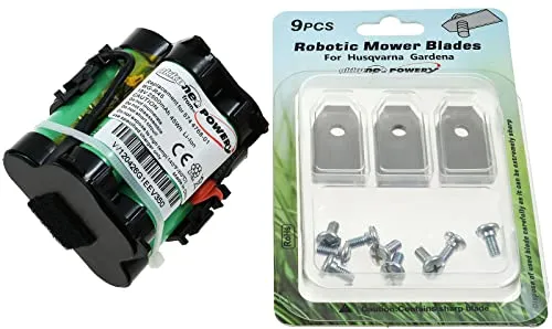 Powerakku für Mähroboter Gardena R70Li/R40Li/R45Li/R38Li mit 9x Ersatzmesser - Mähroboterzubehör: 2,5Ah 18V Akku mit Schutzelektronik für maximale Sicherheit und 9 hochwertige Edelstahl-Ersatzmesser für einen präzisen Schnitt und ein gepflegtes Rasenbild.