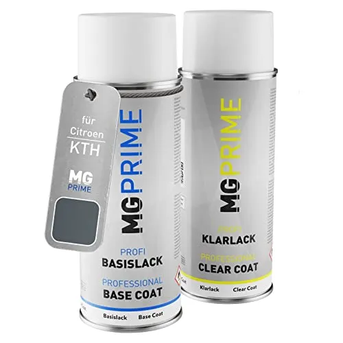 MG PRIME Autolack Sprühdosen Set für Citroen KTH Gris Thorium Metallic/Thorium Grau Basislack Klarlack Spraydose 400ml