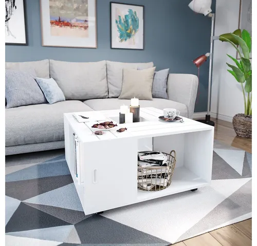 Vicco Couchtisch Anton – Weiß, 80 x 80 cm mit Ablage - Beistelltisch fürs Wohnzimmer mit reichlich Stauraum dank offenen Regalen und herausnehmbarem Fach. Ideal für ein aufgeräumtes Ambiente!