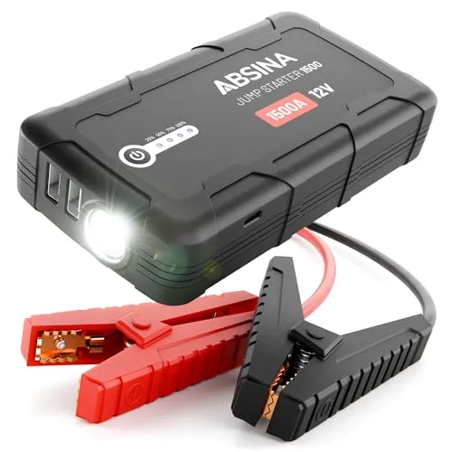 Absina Starthilfe-Powerbank Jump Starter 1500 - Booster & Starthilfekabel mit 1500A Spitzenstrom für Diesel- und Benzinmotoren bis 11L. Integrierte Powerbank (2500mAh) und Arbeitsleuchte mit 3 Funktionen für maximale Sicherheit.