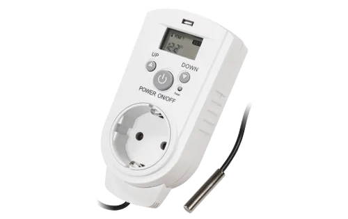 Digitaler Steckdosenthermostat mit LCD - Präzise Temperaturkontrolle für Heiz- und Kühlgeräte - Steuerungen: Mit Backup-Akku für Stromausfälle, ideal für Innenräume, Gewächshäuser und Aquarien. Hohe Schaltleistung von bis zu 3.680 Watt für effektive Klimatisierung.