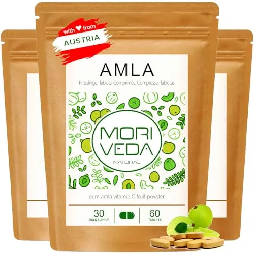 Moriveda Amla Tabletten 1000mg | natürliches Vitamin C & Antioxidans, Chrom | 3 Monate Vorrat I Indische Stachelbeere | Vegan & Laborgeprüft | 60 Stk.