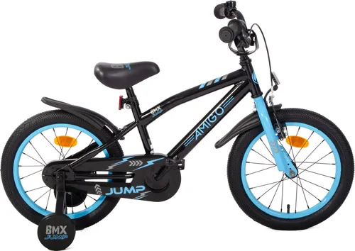 AMIGO Kinderfahrräder Jungen BMX Jump 16 Zoll 25,5 cm Jungen Rücktrittbremse Schwarz/Blau