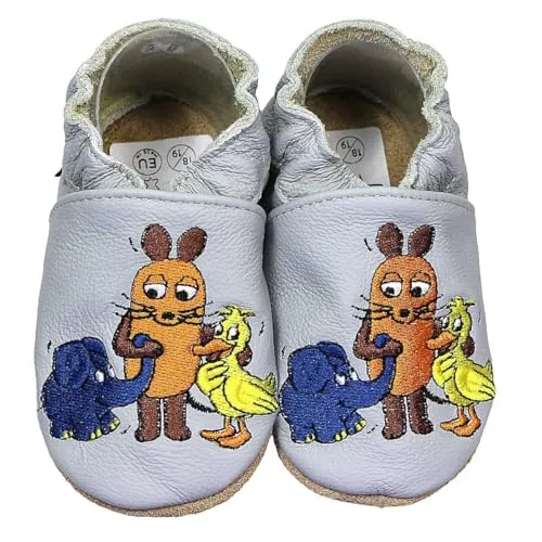 HOBEA-Germany Krabbelschuhe Unisex, Die Maus, Lederschuhe (Maus, Elefant und Ente grau, 18/19)