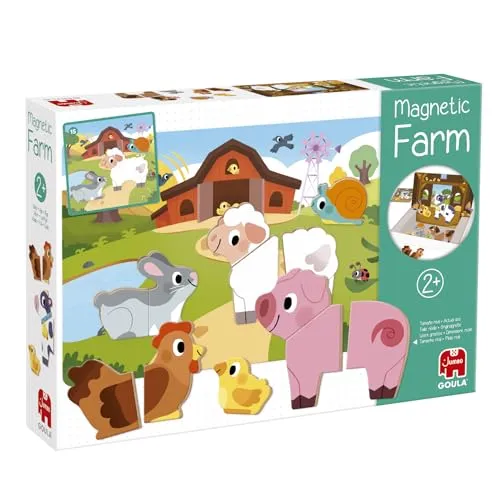Goula - Magnetische Farm - Kinderspielzeug - Frühkindliche Entwicklung - Bildungs-Spiel - Bauernhoftiere - 12 magnetische Holztiere in 1, 2 oder 3 Teilen - 10 Vorlagenkarten - Ab 2 Jahren