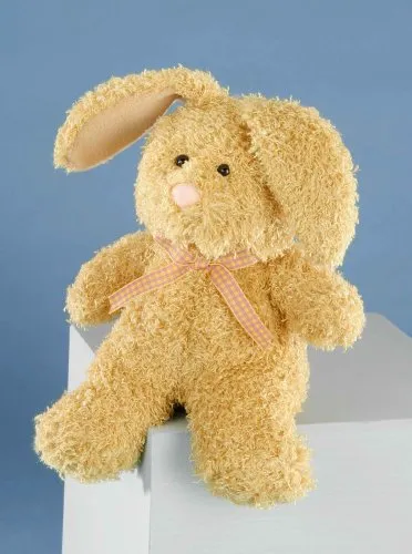 EBO 30054 - Hase Kuschelhase, 20 cm hoch, schlenkernd, gelber gekräuselter Mikrofaserplüsch, gelb-pink karierte Schleife