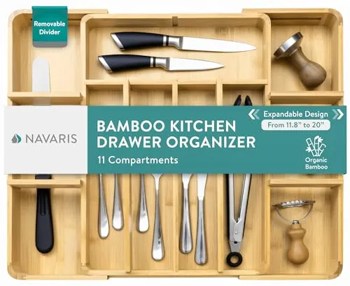 Navaris Besteckkasten Bambus - Flexibles Design mit 5-11 Fächern - Besteckeinsätze: Individuell anpassbarer Organizer mit 5-11 Fächern, ideal für eine ordentliche Küchenorganisation und einfache Handhabung durch integrierten Griff.