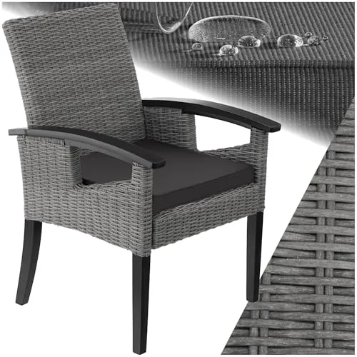 tectake® Rattan Geflecht Stuhl mit Armlehne - Essstuhl für Garten, Terrasse und Balkon, wetterfest und mit abnehmbarem, waschbarem Sitzpolster für optimalen Komfort und einfache Pflege.