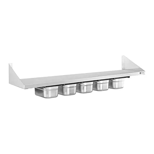 Royal Catering RCWR-5 Gewürzbord aus Edelstahl - Gewürzregal aus robustem Edelstahl mit 120 x 30 cm Ablagefläche, ideal für moderne Gastro-Küchen – stabil, leicht zu reinigen und inklusive fünf 1/4-GN-Behälter.