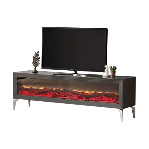 Kamin Tisch Sideboard TV Ständer Grau Holz - Modernes TV-Ständer aus Holzfurnier, ideal für das Wohnzimmer. Mit integriertem Kamin für eine gemütliche Atmosphäre. Maße: 199 x 41 x 61 cm, freistehend und stilvoll.