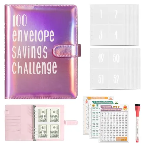 Geldsparbinder Budget Planner, A5 Envelope Saving Challenge Sparbuch für Geld mit Cash Umschläge, A5 Geldspar Ordner Budget Ordner Geldspar Brieftasche für Zuhause, Schule 100