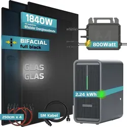 SUNNIVA® 1840W Balkonkraftwerk mit 2,24 kWh Speicher Marstek B2500-D, 4x 460W BIFAZIAL FULLBLACK komplett Steckdose, PV Solaranlage + Solarspeicher