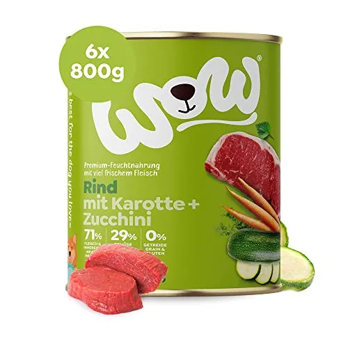 Wow Hundefutter nass Adult mit Rind, 6X 800g I reichhaltiges Nassfutter für ausgewachsene Hunde Aller Rassen I Beste Qualität mit viel Fleisch, Karotte & Zucchini I hohe Akzeptanz & Verträglichkeit