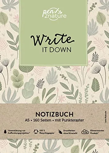 Produktbild Write It Down • Nachhaltiges Notizbuch in A5 mit Hardcover und Pflanzen-Motiv: Eintragbuch mit weißen Seiten und Punktemuster. Umweltfreundliches ... praktisches Bullet-Journal (pen2nature books)