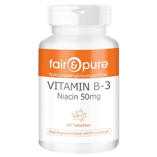 Fair & Pure Vitamin B3 Niacin 50mg - 90 Tabletten, vegan und ohne Zusatzstoffe - Hochwertiges Nahrungsergänzungsmittel mit 50 mg Niacin pro Tablette. Ideal für eine bewusste Ernährung, ohne Magnesiumstearat und künstliche Zusatzstoffe. Hergestellt in Deutschland mit kontrollierter Qualität.
