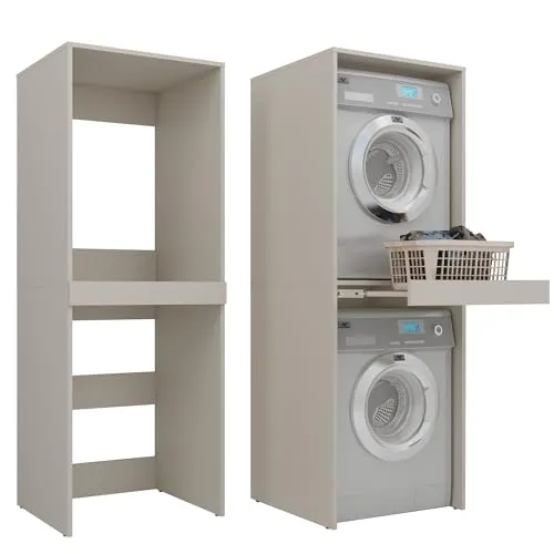 Milionmeblicom Waschmaschinenschrank Luna für Waschmaschine Trockner Badezimmerregal 183,7x65x66 cm Ausziehbarer Regalboden Waschmaschinenüberbau Hochkant 18mm Platte Farbe Kaschmir Beige