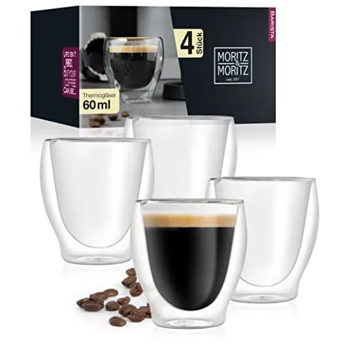 Moritz & Moritz Barista Milano 4 x 60 ml Espressogläser Doppelwandig - Espresso Tassen Set aus Glas für Heiß- und Kaltgetränke - Spülmaschinengeeignet