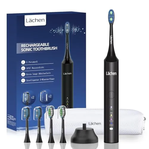 Lächen Elektrische Zahnbürste, 5 Modi Elektrische Schallzahnbürste mit Reise-Etui 4 Aufsteckbürsten, 2 Minuten Timer,USB-Ladung für 60 Tage, IPX7 Wasserdicht (Schwarz)