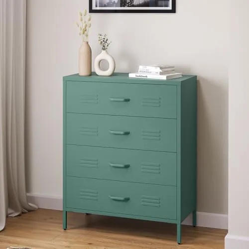 skølm Kommode Atria aus Metall – Dunkelgrün, 4 Schubladen in grün von skølm