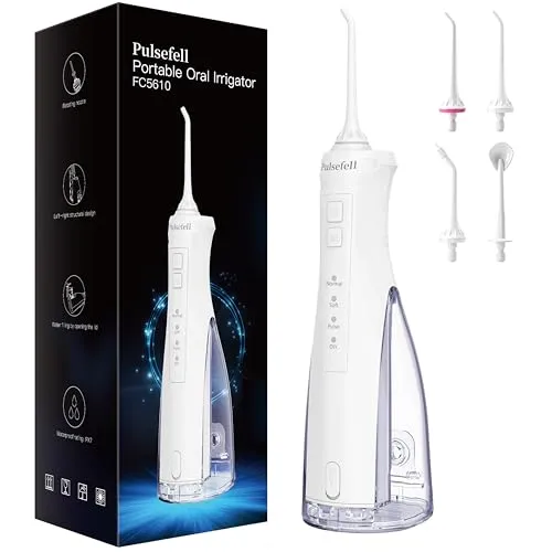 Pulsefell Oral Irrigator Professionell Kabellos, 300 ML Wiederaufladbare Wasserzahnreiniger mit 4 Düsen und 4 Modi, IPX7 Wasserdicht Water Flosser für Zuhause und Reise (Weiß)