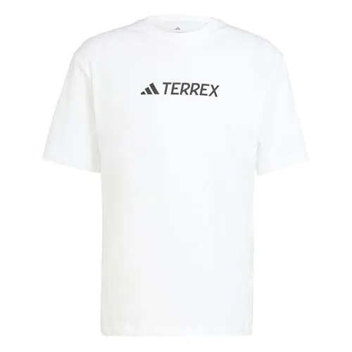 adidas Herren Terrex Classic Logo T-Shirt – Weiße Baumwolle, Größe M - Herren-Shirts mit regulärer Passform, geripptem Rundhalsausschnitt und umweltfreundlicher Baumwolle (30 % recycelt) für Komfort und Nachhaltigkeit.