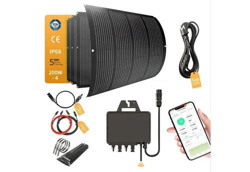 enjoy solar 800W RC® MI2S-800D Set mit 4 flexiblen Solarmodulen - Komplettset für Balkon-PV-Anlagen mit 800W Leistung. Leichte, flexible Module für einfache Installation und effiziente Stromerzeugung, ideal für begrenzte Flächen.