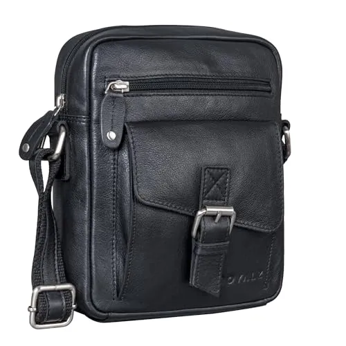 ROYALZ 'Knoxville' kleine Ledertasche Herren Vintage Männer Umhängetasche Mini Messenger Bag Schultertasche klein, Farbe:Schwarz