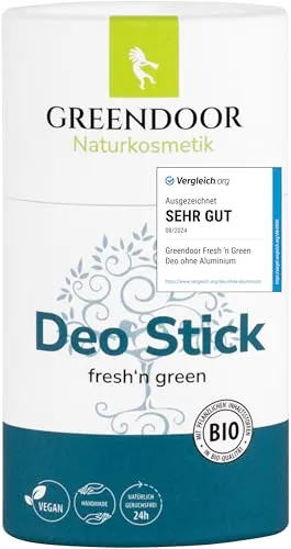 GREENDOOR Deo Stick fresh'n green 50g, festes Deodorant, frischer Duft, ohne Aluminium für lange sichere Wirkung gegen Schweißgeruch, unisex Herren Frauen Deostift, vegan Naturkosmetik mit Papierhülse