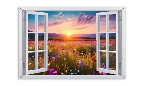 artissimo Garten-Poster 90x60cm – Blumenwiese für draußen - Wetterfestes Gartenposter im Querformat 90×60 cm mit einem Blick auf eine blühende Wiese. Ideal für Garten, Terrasse und Balkon – schafft optische Tiefe und ist einfach aufzuhängen dank stabiler Metallösen.