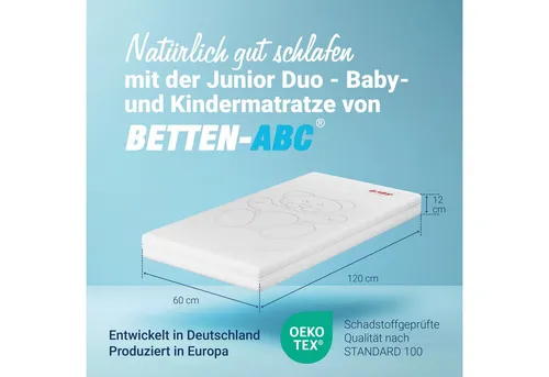 Betten-ABC Junior-Duo – Wendematratze für Babys & Kleinkinder - Matratzen für Babys und Kleinkinder mit atmungsaktiver Klimawatte, schadstoffgeprüft und mit stabiler Trittkante für sichere Nächte.