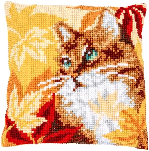 Vervaco Kreativset PN-0194222: Kreuzstichkissen Katze mit Herbstlaub - Kreativkästen für begeisterte Sticker: Komplettes Set mit handgemaltem Stramin und hochwertigem Garn für ein wunderschönes Kissen in 40 x 40 cm.