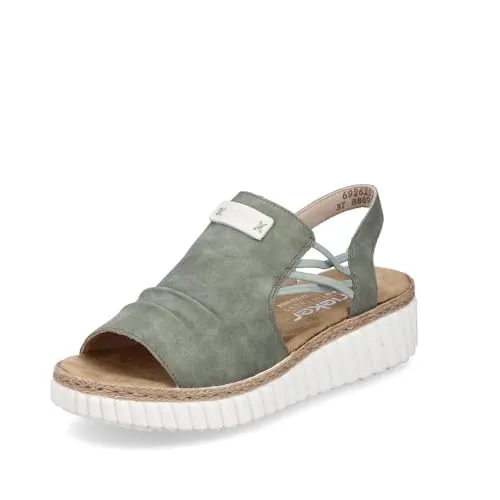 Rieker Plateausandale - Keilsandalette in Grün 43 EU - Wanderschuhe mit Juterahmen an der Laufsohle, ideal für gemütliche Sommertage. Gepolsterte Innensohle und Gummizug für perfekten Halt.
