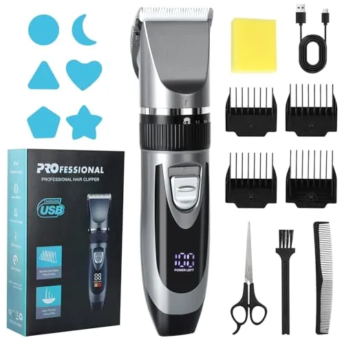 Cozary Haarschneidemaschine, Barttrimmer Herren Profi, Bartschneider Herren, USB aufladen mit LED-Anzeige, 120 min, 4 Führungskämmen, Kabelloser Haarschneider Set für Männer, oder Haustiere